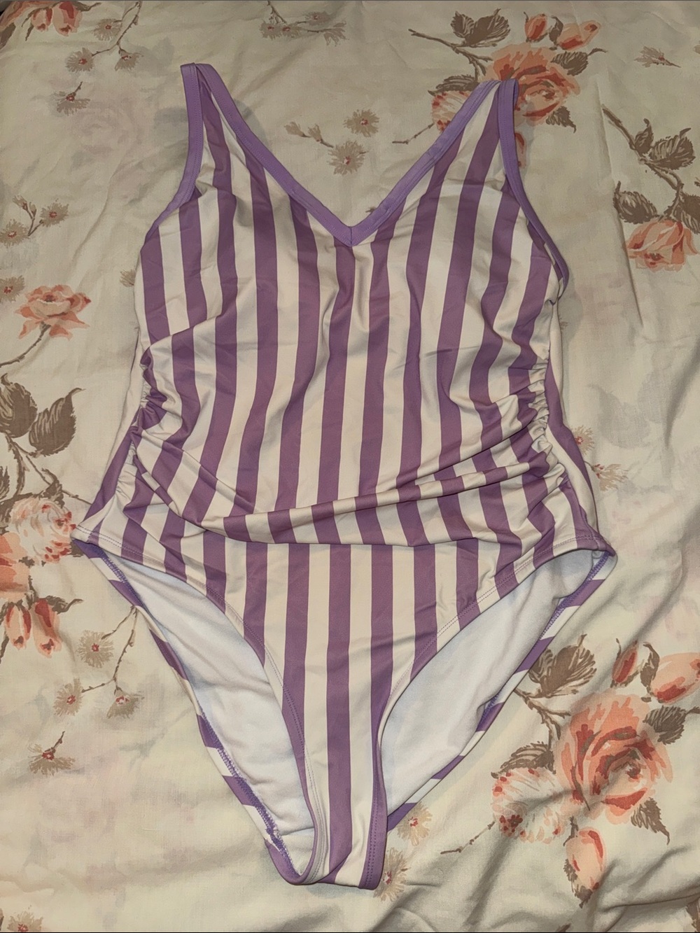 Kona Sol Purple and White Striped One-Piece Swimsuit